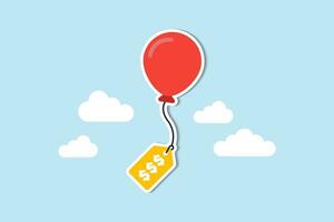 Inflation causing price rising up, overvalued stock or funds, consumer purchasing power reducing concept, air balloon tied with product price tag flying high rising up in the sky. vector