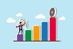 Business challenge to achieve higher target, ambition and aspiration to improve or aiming for success goal concept, confidence businessman aiming his bow arrow to top of high performance target. vector