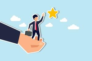 Career development support, assistant or mentor to help reach business goal to achieve target concept, helping hand lift up businessman employee to overcome obstacle reaching the star in the sky. vector