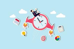 Improve productivity or efficiency, time management to finish within deadline, performance improvement or success concept, businessman riding fast flying clock with jetpack increasing productivity. vector