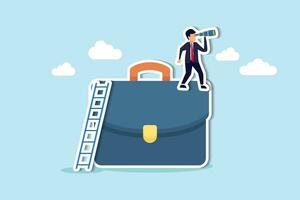 Career future, hope for work success or search for career path, ambition to find work opportunity, job promotion or business strategy concept, businessman climb up on briefcase see through binoculars. vector