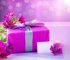 Luxury gift with pink flowers photo