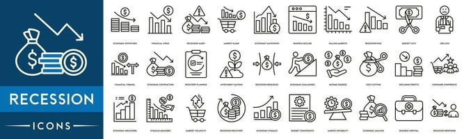 Recession Resilience, Recession Recovery, Recession Risk, Recession Alert, Recession Response, Consumer Confidence. thin line web icon set. Outline icons collection. Simple vector illustration