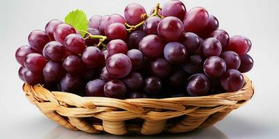 AI generated Fresh and Wet Grape Bunches in Wooden Basket. Generative AI photo