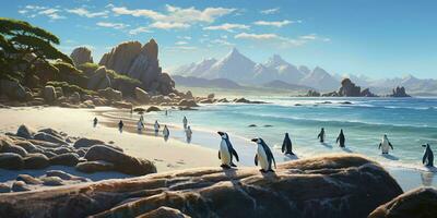 AI generated Penguin Colony on the Beach with Beautiful landscape View. Generative AI photo