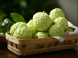 AI generated Fresh Custard Apples in a Basket. Sugar Apple. Healthy Fruit. Generative AI photo
