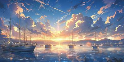 AI generated Beautiful Harbor with Blue Sky and Sunset View in Japanese Anime Style. Generative AI photo