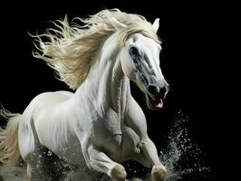 AI generated Strong White Horse Galloping with Water Splashes on Black Background. Generative AI photo