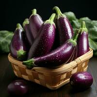 AI generated Fresh Eggplant with Water Droplets. Group of Aubergine. Generative AI photo