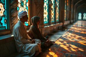 ai generado musulmán Pareja sentado en un mezquita en tradicional vestido. generativo ai foto