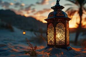 AI generated Arabic Lantern in the Desert at Sunset. Ramadan Kareem Background. Muslim Holy Month. Generative Ai photo