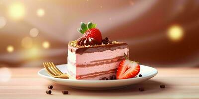 AI generated A Slice of Sweet Pink Cake with Strawberries and Cream on Top. Generative AI photo