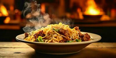 AI generated Delicious Fried Noodle with Smoky Effect on a Wooden Table. Generative AI photo