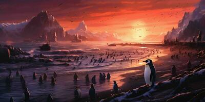 AI generated Penguin Colony on the Beach with Beautiful Sunset View. Generative AI photo