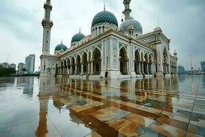 ai generado hermosa mezquita con un atmósfera después el lluvia, en el tarde. generativo ai foto