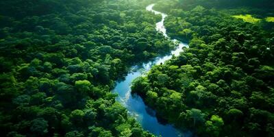 ai generado aéreo ver de verde bosque y río. generativo ai foto