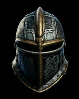 ai generado hierro medieval guerra casco aislado en negro antecedentes. generativo ai foto