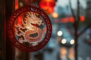 AI generated Red Chinese dragon decoration for New Year celebrations photo