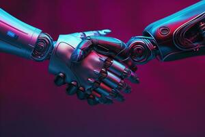 AI generated Robotic handshake against neon background photo