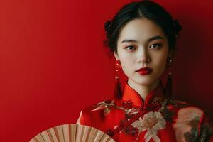 ai generado joven chino mujer en tradicional chino vestir con Copiar espacio foto