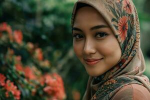 ai generado sonriente malayo mujer en tradicional floral hijab foto