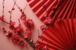 AI generated Chinese New Year celebration with red fans and pink blossoms photo