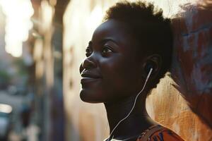 ai generado un joven africano americano mujer con auriculares al aire libre foto