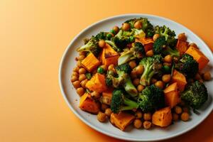 AI generated A plate of mixed salad with broccoli, sweet potatoes, and chickpeas photo