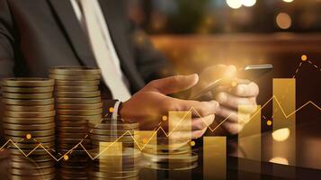 AI generated businessman hand with smartphone and bar chart show financial data. business strategy planning and management background concept photo