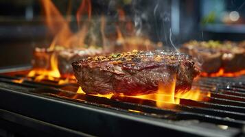 AI generated beef steak grilled in kitchen with blur background photo