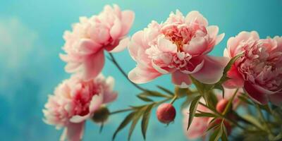 ai generado cerca arriba de rosado peonías flores con azul cielo vista. generativo ai foto