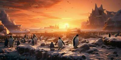 AI generated Penguin Colony on the Beach with Beautiful Sunset View. Generative AI photo