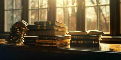 ai generado apilar de libros en un de madera mesa con ventana y luz de sol en el antecedentes. generativo ai foto