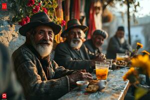 ai generado contento y alegre medio oriental antiguo hombre sentado y disfrutando un comida juntos al aire libre. generativo ai foto