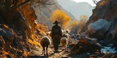 ai generado un medio oriental hombre manadas un rebaño de oveja en un Desierto Valle a puesta de sol. generativo ai foto