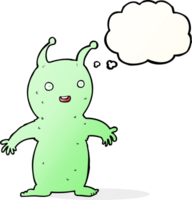 cartoon happy little alien with thought bubble png