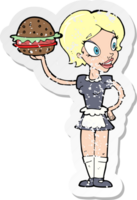 pegatina retro angustiada de una camarera de dibujos animados con hamburguesa png