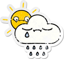 distressed sticker of a cute cartoon sunshine and rain cloud png