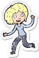 retro distressed sticker of a cartoon happy waving girl png