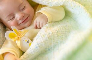 Cute baby sleeping with Easter decorations photo