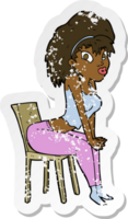 retro distressed sticker of a cartoon woman posing on chair png