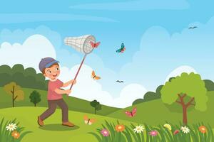 Cute little boy catching butterfly with net at the garden in the spring season vector