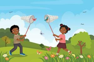 Cute African kids catching butterfly with net at the garden in the spring season vector