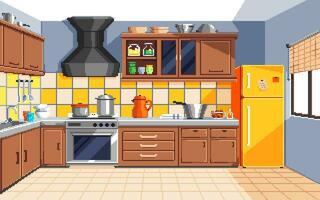 Pixel art illustration Kitchen Background. Pixelated Kitchen. Kitchen Background pixelated for the pixel art game and icon for website and video game. old school retro. vector