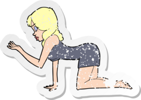 retro distressed sticker of a cartoon woman on all fours png