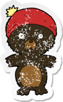 retro distressed sticker of a cartoon cute black bear in hat png