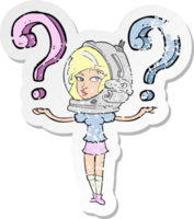 retro distressed sticker of a cartoon spacewoman asking questions png