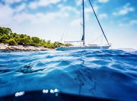 Luxury sailboat near tropical island photo