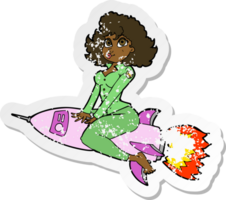 retro distressed sticker of a cartoon army pin up girl riding missile png