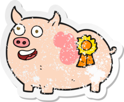 retro distressed sticker of a cartoon prize winning pig png